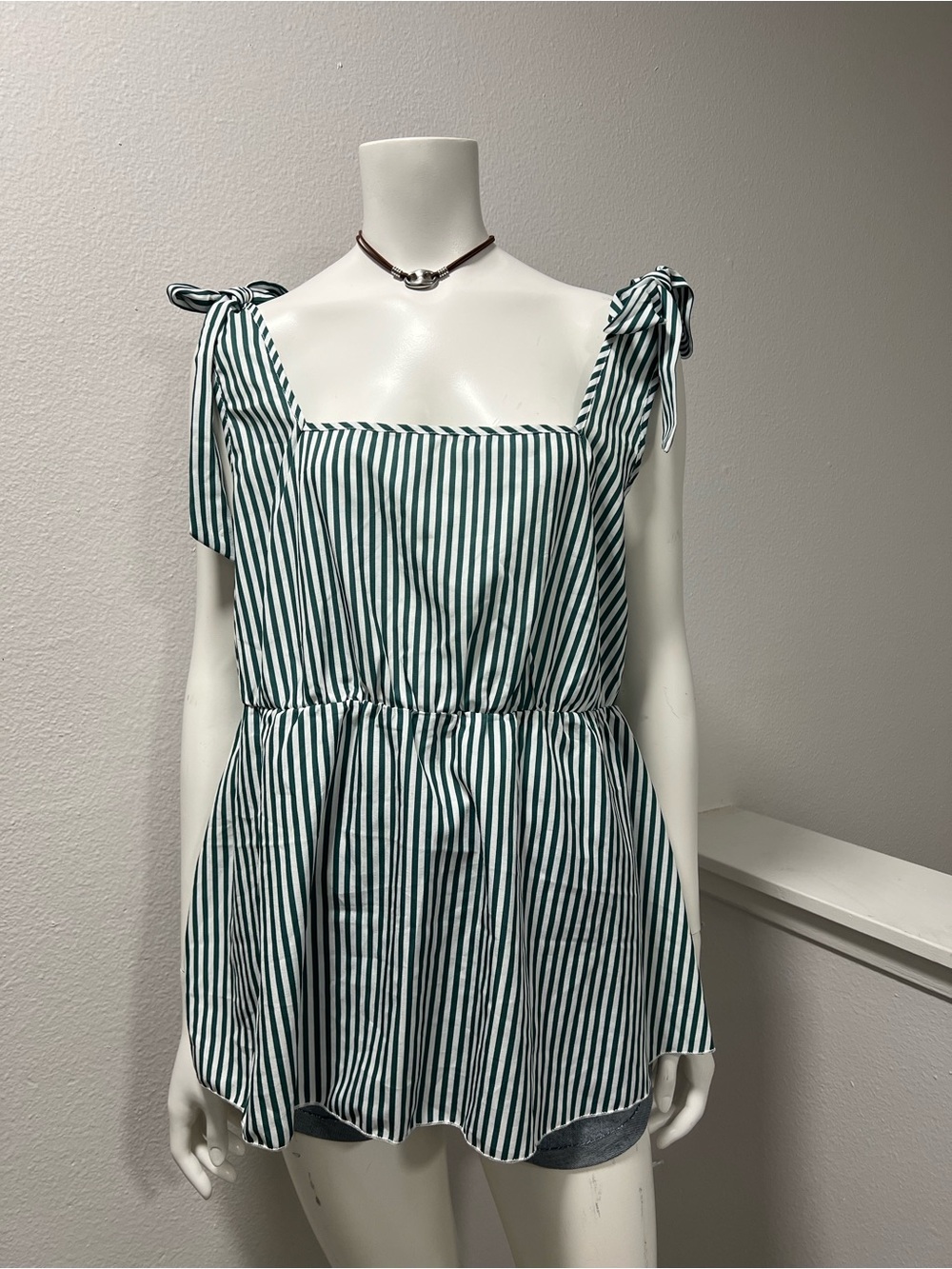 Green & White striped tie shoulder peplum top - Size 2XL